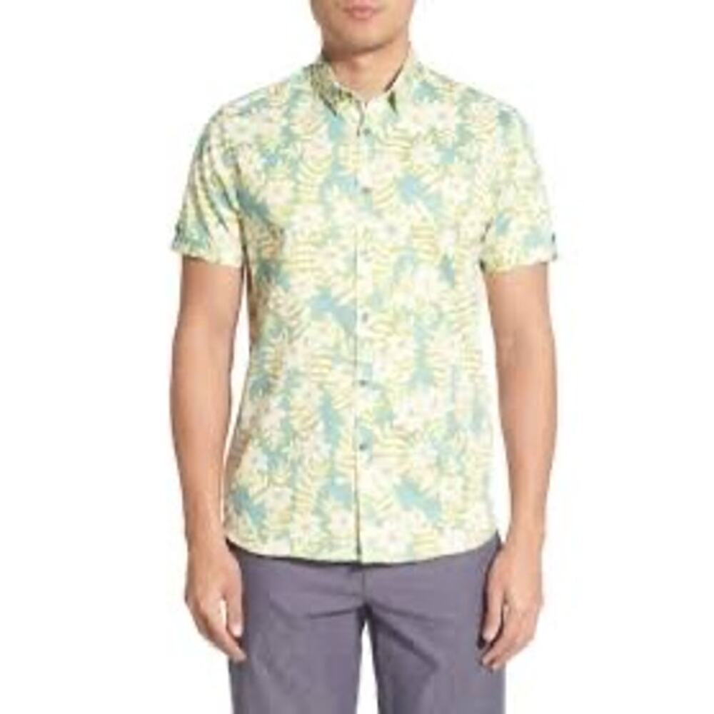 Ted Baker Floral Tropical Button Up Shirt Mint Blue White Yellow Size 3 M